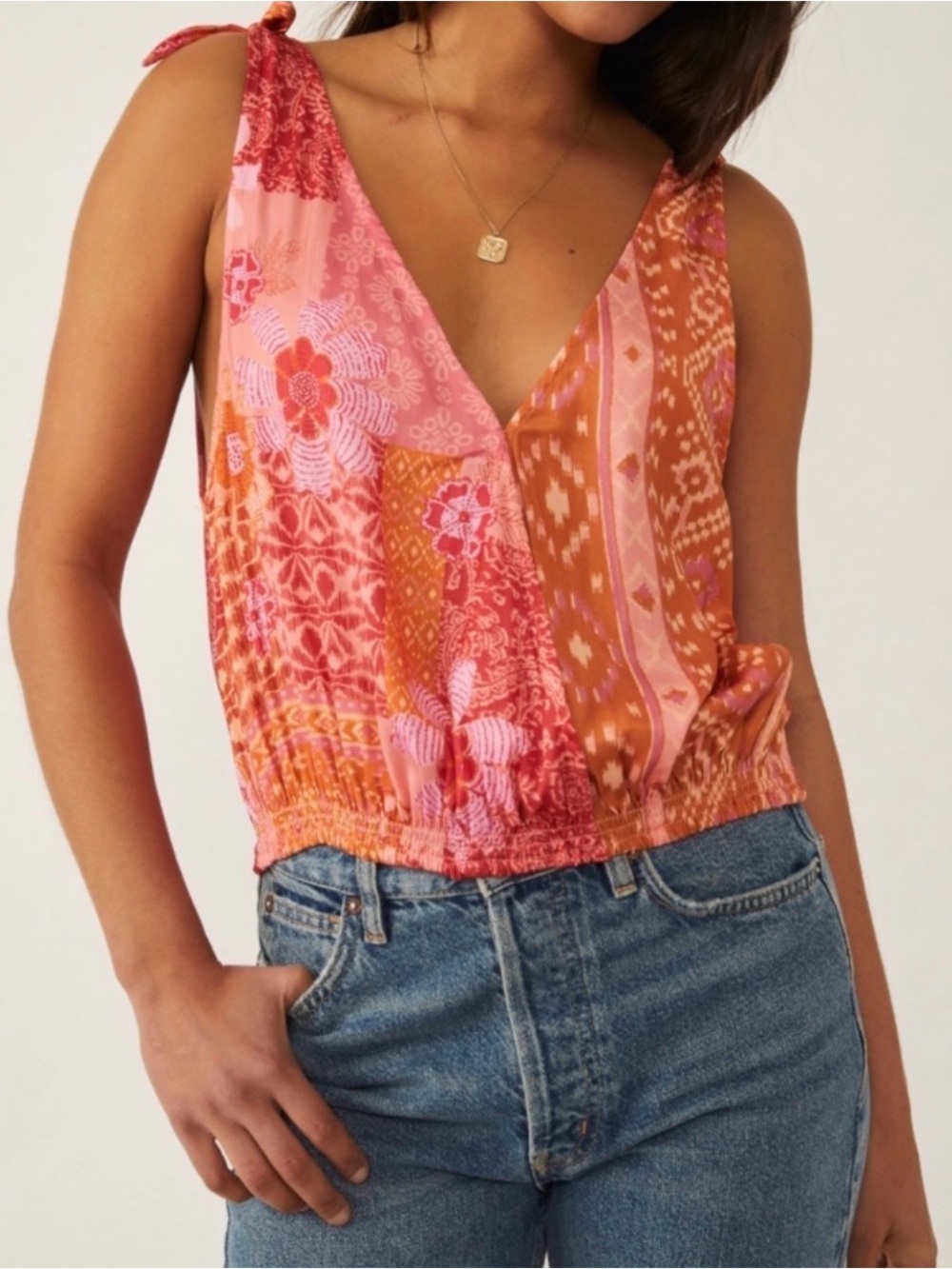 Free People Mixed Orange & Pink Tie-Strap Top